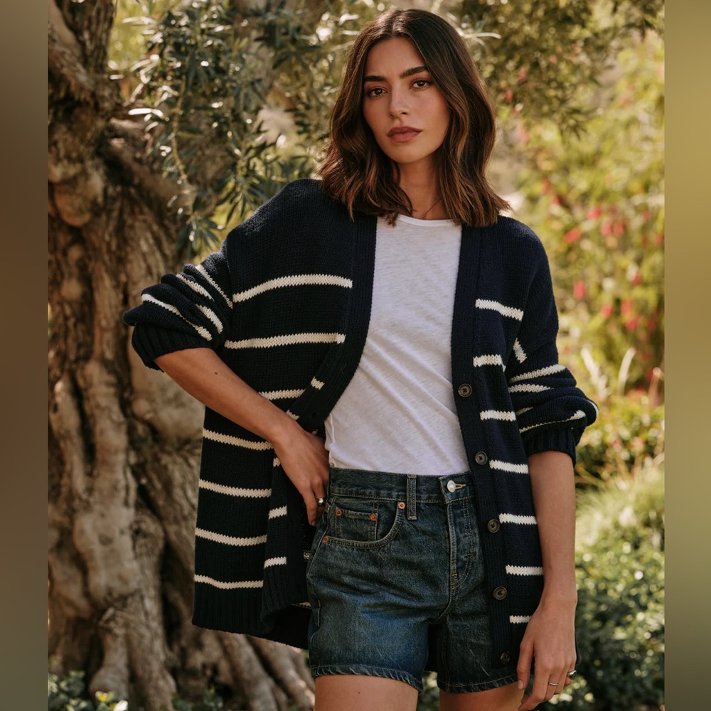 Jenni Kayne Large Chloe Cotton Cardigan in Navy/White Stripe